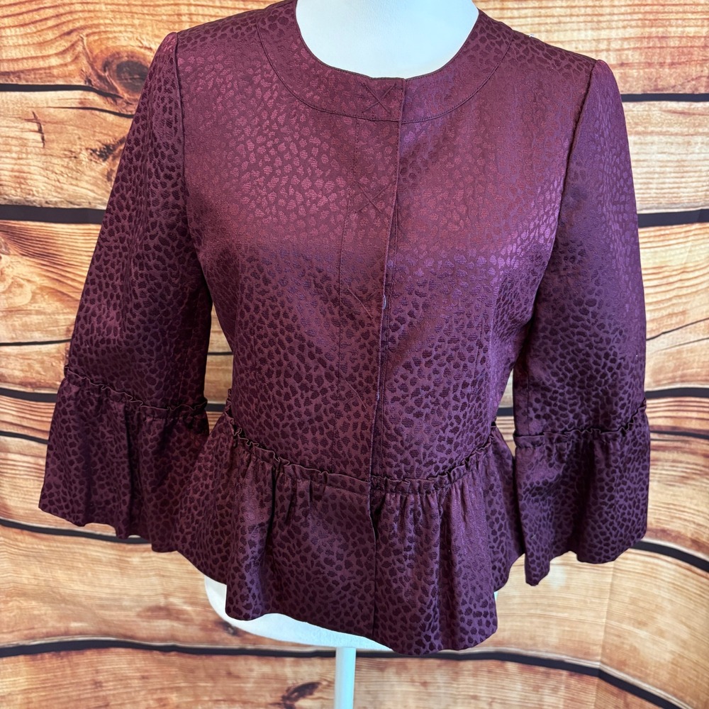 BCBG Maxazria Womens Business 3/4 Ruffled Sleeve Wine Colored Lined Top Size S